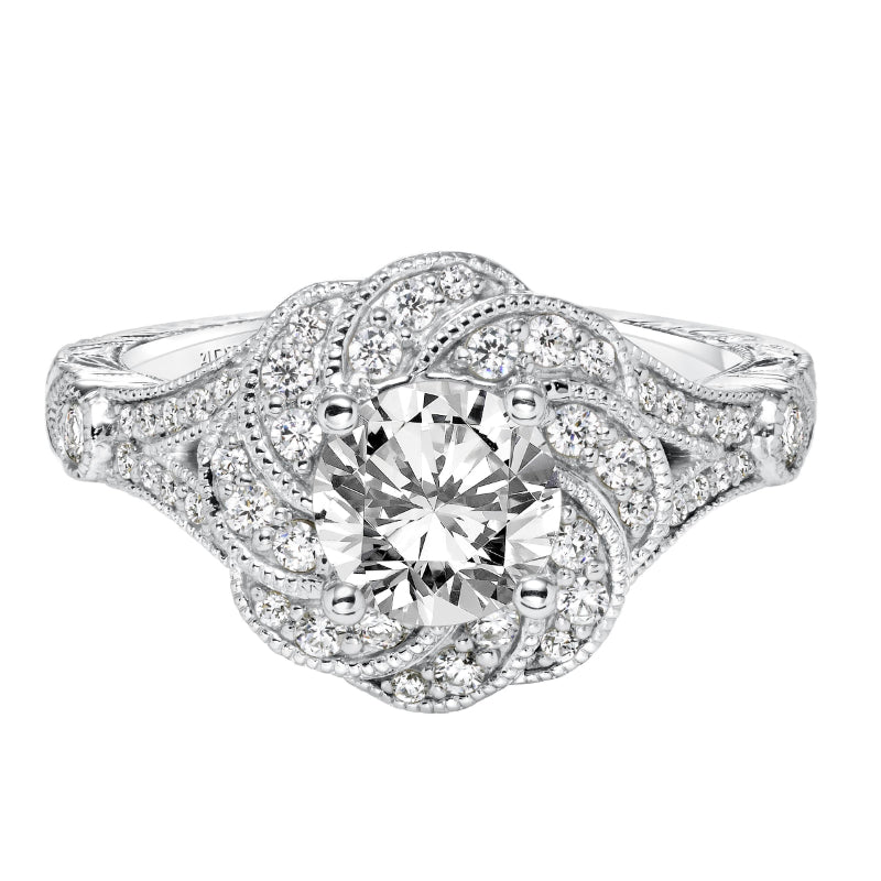 Artcarved Bridal Mounted with CZ Center Vintage Engraved Halo Engagement Ring Matilda 14K White Gold