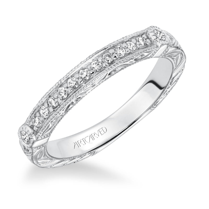 Artcarved Bridal Mounted with Side Stones Vintage Engraved Halo Diamond Wedding Band Gwendolyn 14K White Gold