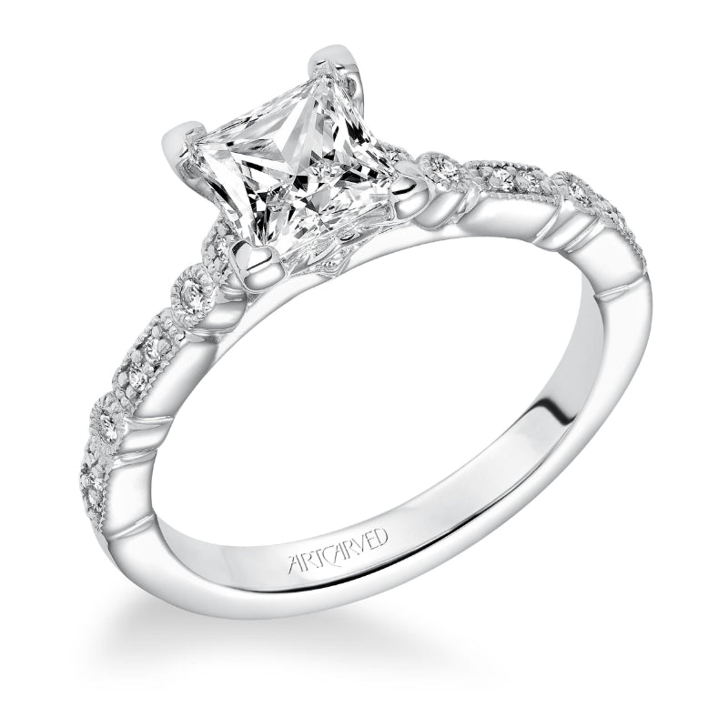 Artcarved Bridal Semi-Mounted with Side Stones Vintage Milgrain Diamond Engagement Ring Marguerite 14K White Gold