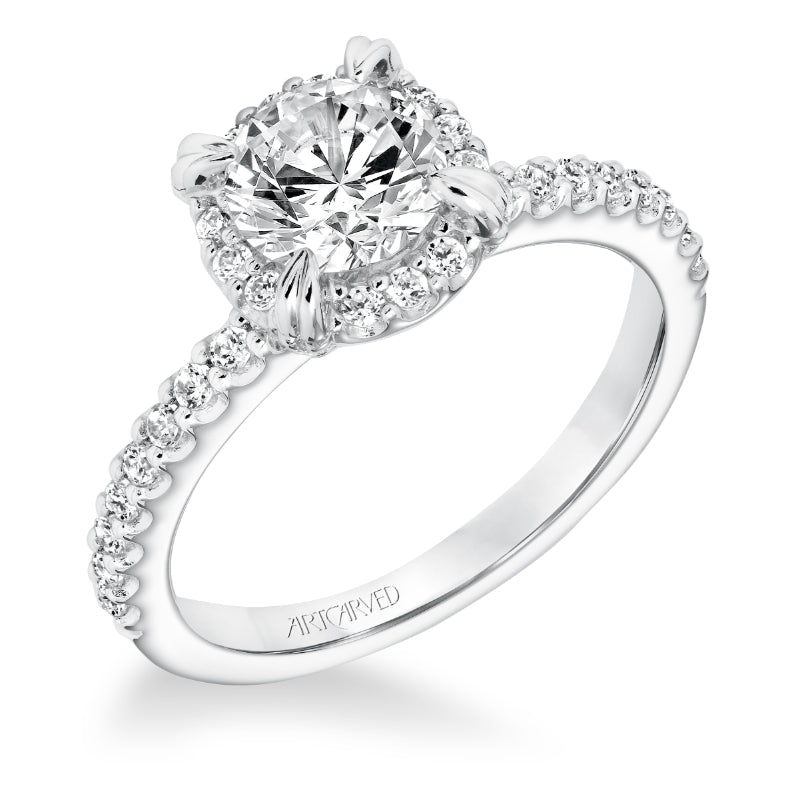 Artcarved Bridal Semi-Mounted with Side Stones Classic Halo Engagement Ring Emme 14K White Gold