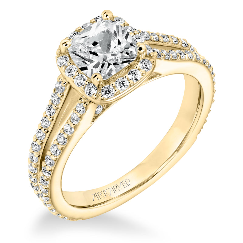 Artcarved Bridal Semi-Mounted with Side Stones Classic Halo Engagement Ring Evangeline 14K Yellow Gold