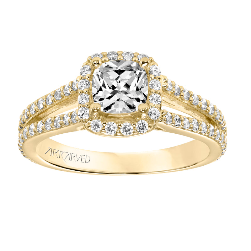 Artcarved Bridal Semi-Mounted with Side Stones Classic Halo Engagement Ring Evangeline 14K Yellow Gold