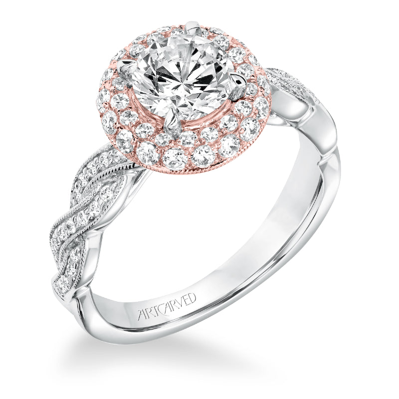 Artcarved Bridal Semi-Mounted with Side Stones Contemporary Twist Halo Engagement Ring Anja 14K White Gold Primary & 14K Rose Gold