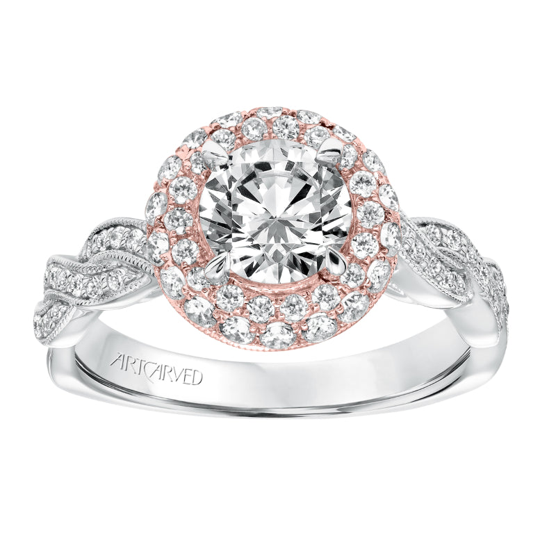 Artcarved Bridal Mounted with CZ Center Contemporary Twist Halo Engagement Ring Anja 14K White Gold Primary & 14K Rose Gold