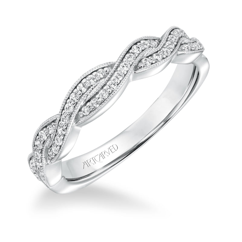 Artcarved Bridal Mounted with Side Stones Contemporary Twist Halo Diamond Wedding Band Anja 14K White Gold