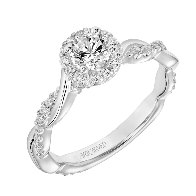 Artcarved Bridal Semi-Mounted with Side Stones Contemporary One Love Halo Engagement Ring Kinsley 14K White Gold
