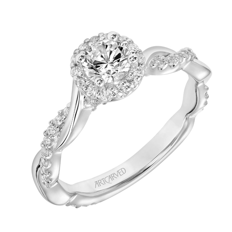 Artcarved Bridal Semi-Mounted with Side Stones Contemporary One Love Halo Engagement Ring Kinsley 18K White Gold