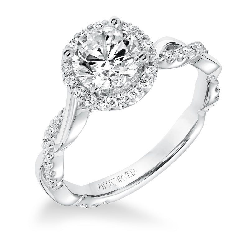 Artcarved Bridal Semi-Mounted with Side Stones Contemporary Twist Halo Engagement Ring Kinsley 14K White Gold