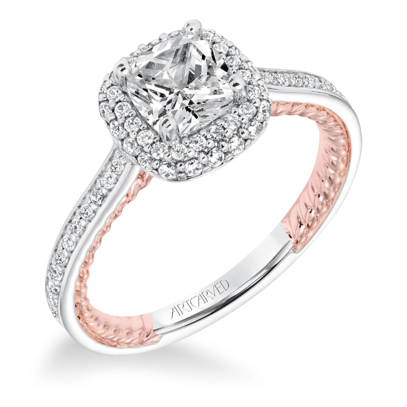 Artcarved Bridal Mounted with CZ Center Contemporary Rope Halo Engagement Ring Vita 14K White Gold Primary & 14K Rose Gold