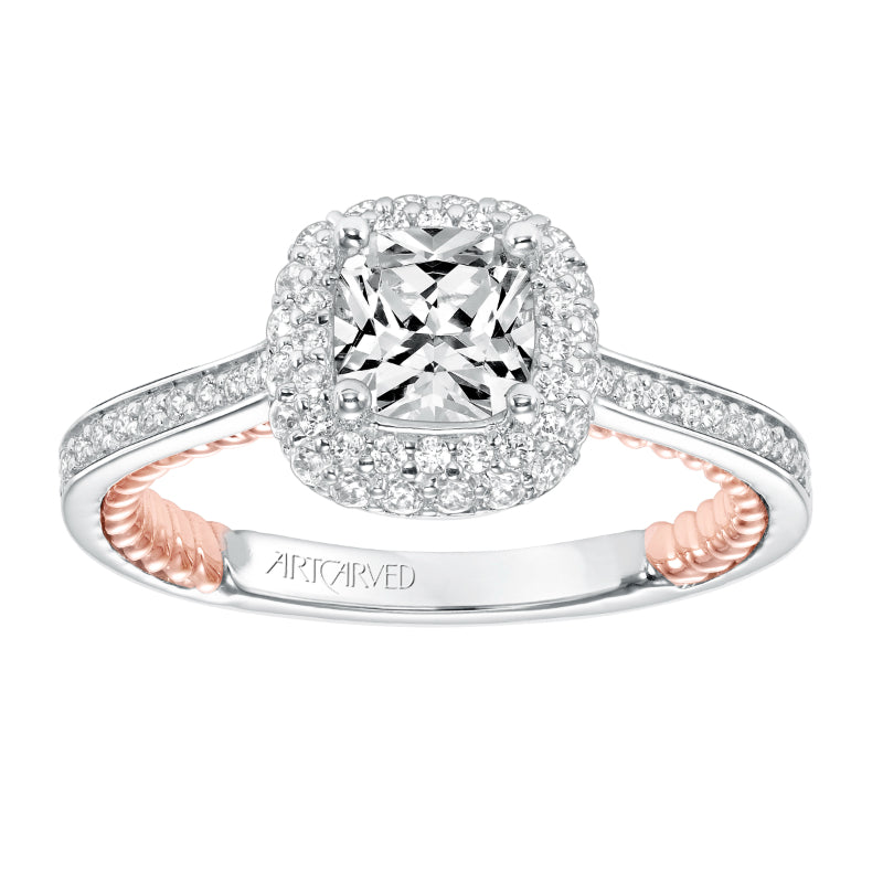Artcarved Bridal Semi-Mounted with Side Stones Contemporary Rope Halo Engagement Ring Vita 14K White Gold Primary & 14K Rose Gold