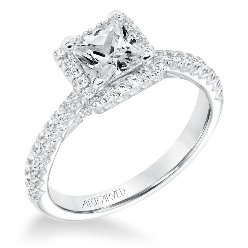 Artcarved Bridal Semi-Mounted with Side Stones Classic Halo Engagement Ring Leighton 14K White Gold