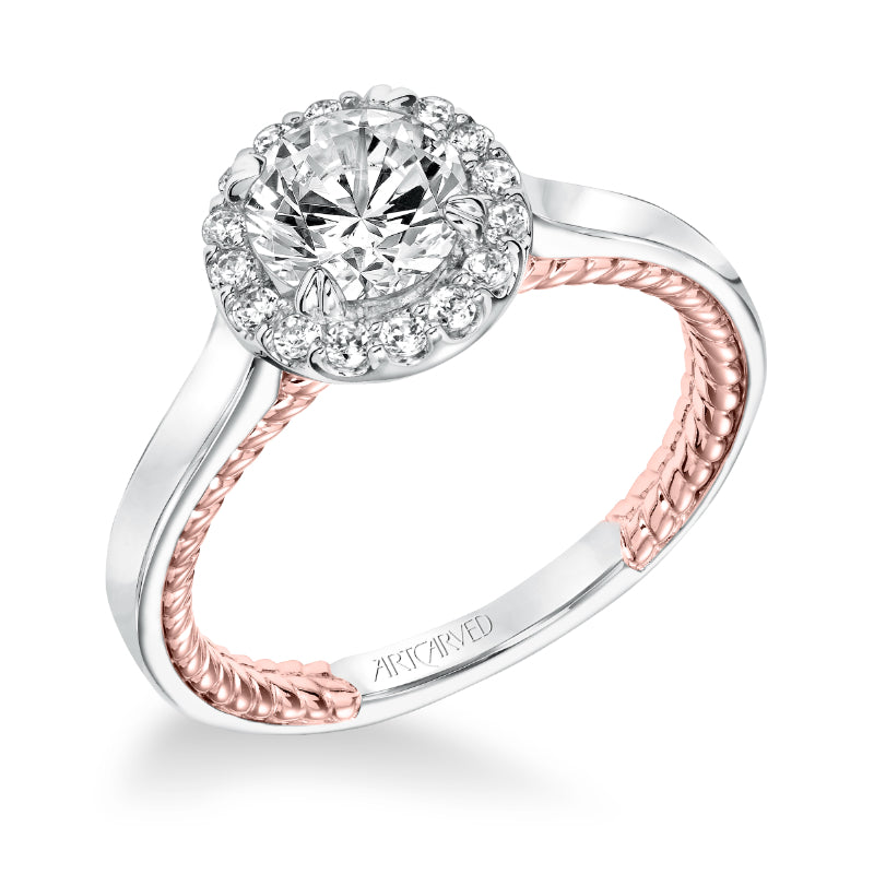 Artcarved Bridal Semi-Mounted with Side Stones Contemporary Rope Halo Engagement Ring Winnie 14K White Gold Primary & 14K Rose Gold