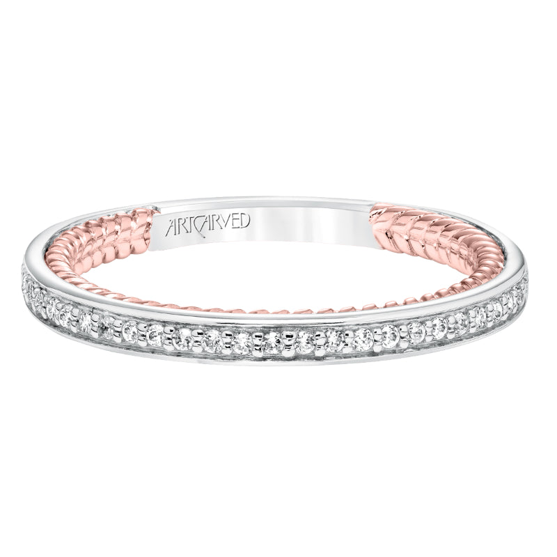 Artcarved Bridal Mounted with Side Stones Contemporary Rope Halo Diamond Wedding Band Winnie 14K White Gold Primary & 14K Rose Gold