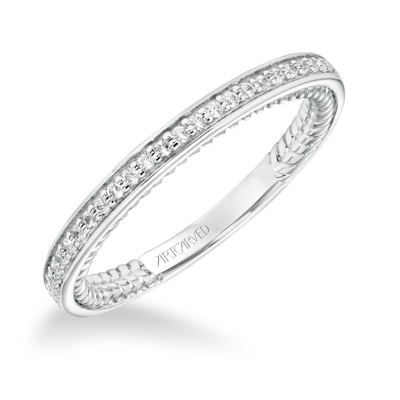 Artcarved Bridal Mounted with Side Stones Contemporary Rope Halo Diamond Wedding Band Winnie 14K White Gold