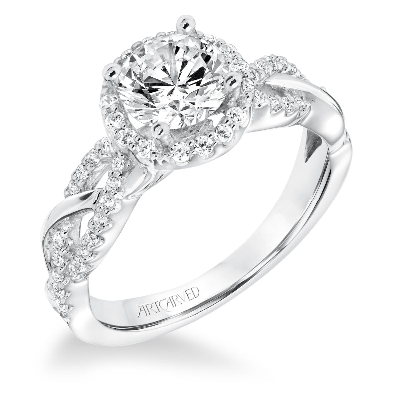 Artcarved Bridal Semi-Mounted with Side Stones Contemporary Twist Halo Engagement Ring Charlene 14K White Gold