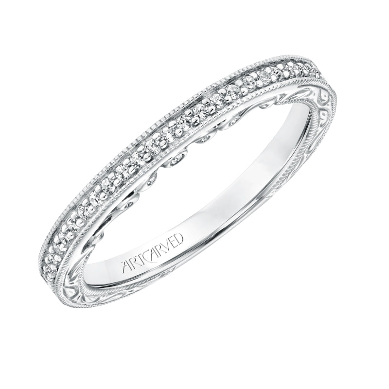 Artcarved Bridal Mounted with Side Stones Vintage Filigree Diamond Wedding Band Minnie 14K White Gold