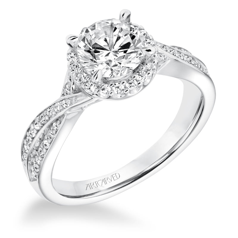 Artcarved Bridal Semi-Mounted with Side Stones Contemporary Twist Halo Engagement Ring Eliana 14K White Gold