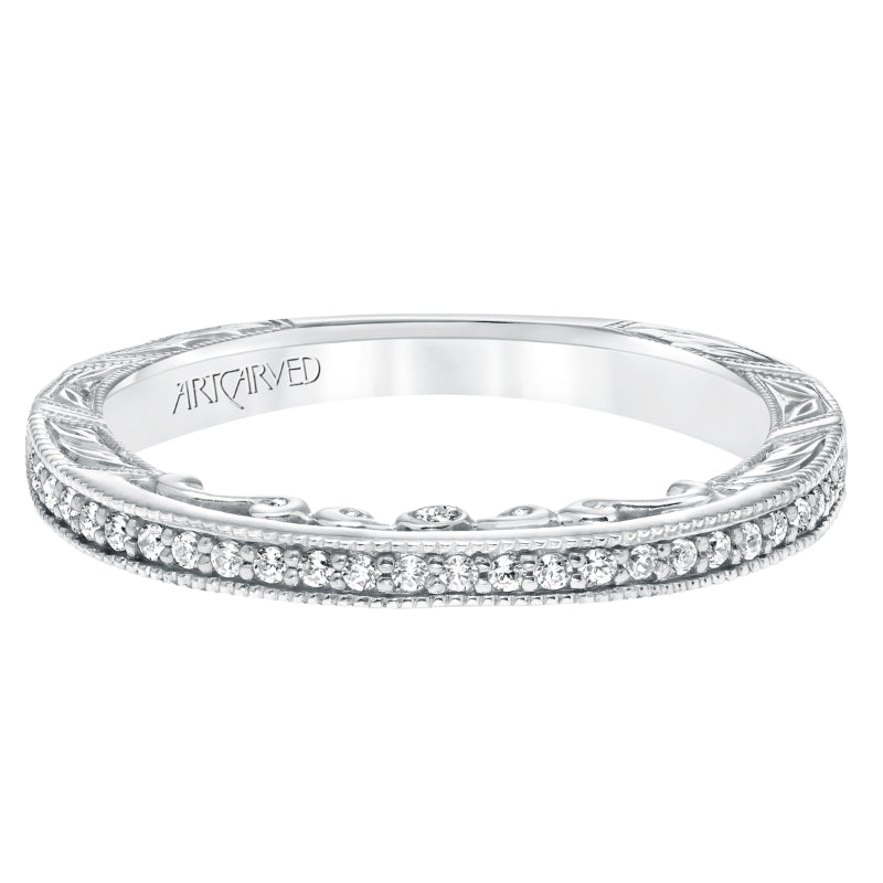 Artcarved Bridal Mounted with Side Stones Vintage Filigree Halo Diamond Wedding Band Elspeth 14K White Gold