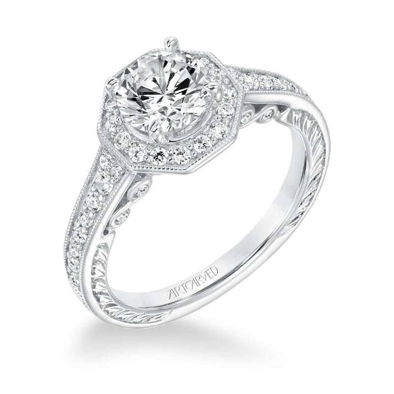 Artcarved Bridal Semi-Mounted with Side Stones Vintage Filigree Halo Engagement Ring Perla 14K White Gold