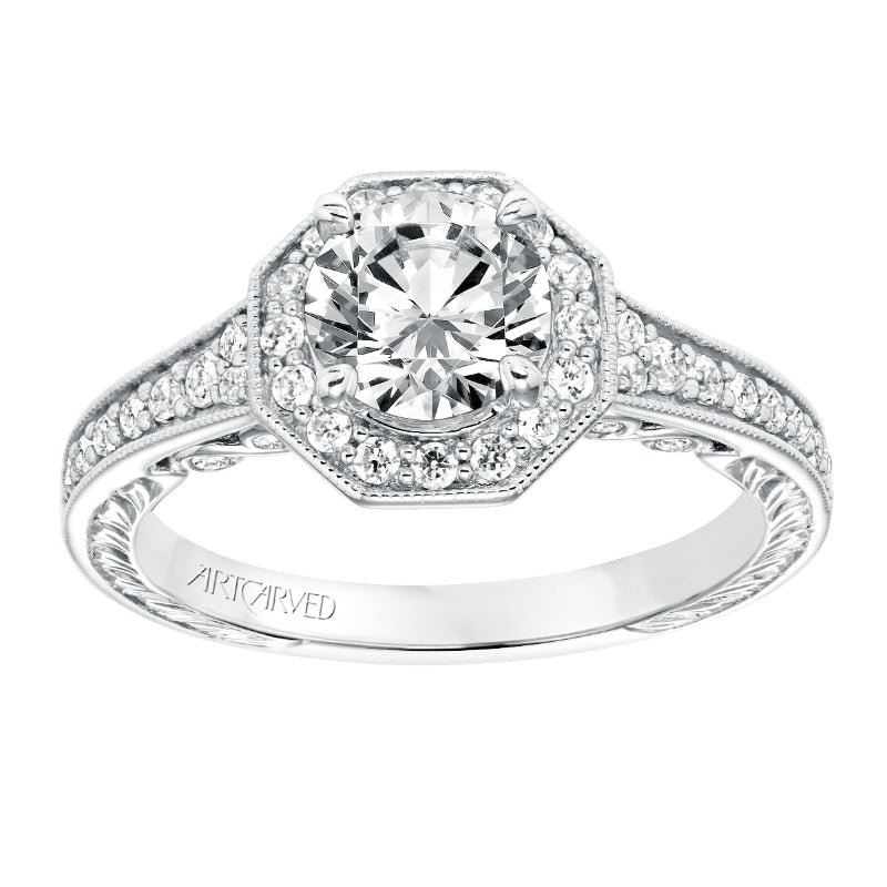 Artcarved Bridal Mounted with CZ Center Vintage Filigree Halo Engagement Ring Perla 14K White Gold
