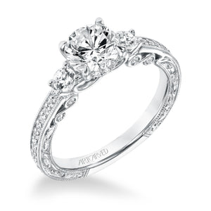 Artcarved Bridal Mounted with CZ Center Vintage Filigree 3-Stone Engagement Ring Rowan 14K White Gold