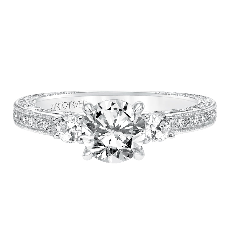 Artcarved Bridal Mounted with CZ Center Vintage Filigree 3-Stone Engagement Ring Rowan 14K White Gold