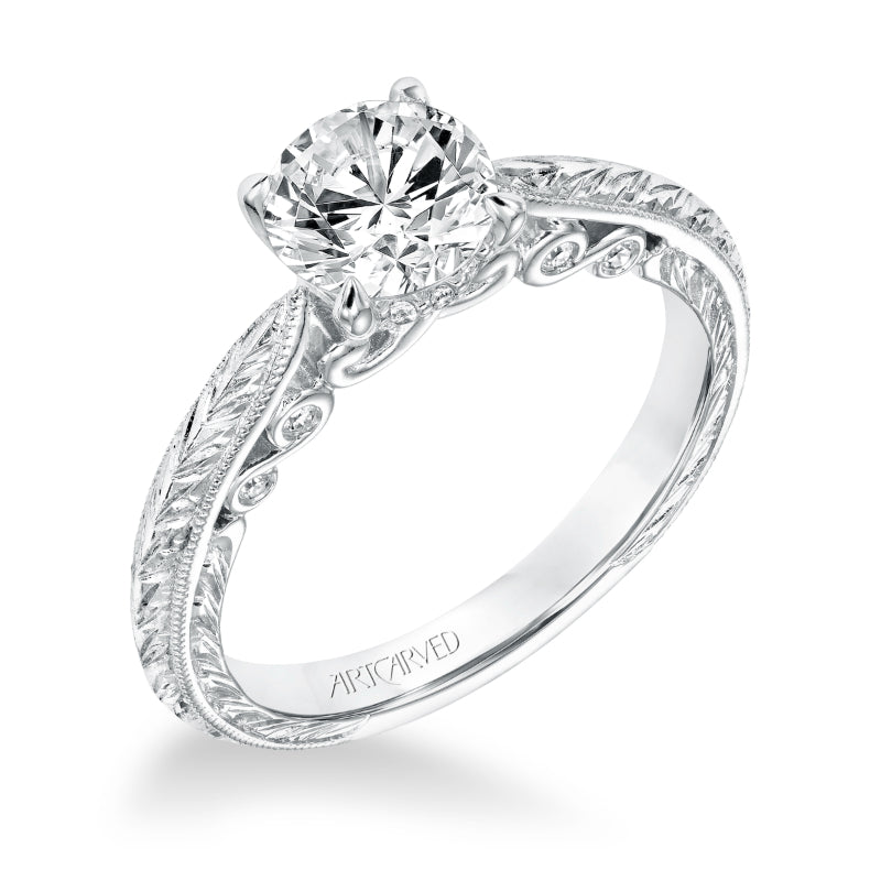 Artcarved Bridal Semi-Mounted with Side Stones Vintage Filigree Diamond Engagement Ring Anwen 14K White Gold