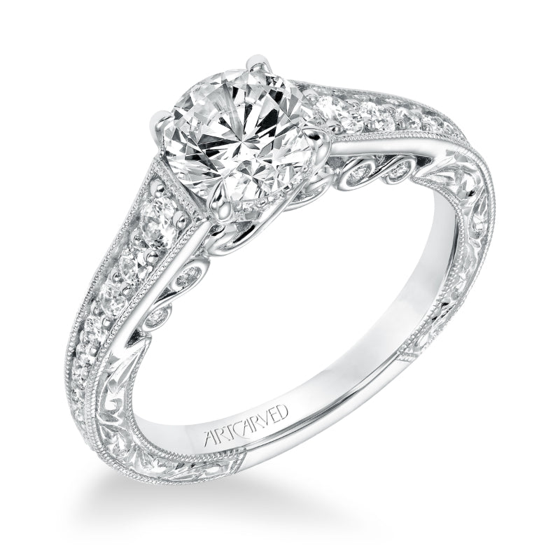 Artcarved Bridal Mounted with CZ Center Vintage Filigree Diamond Engagement Ring Hattie 14K White Gold