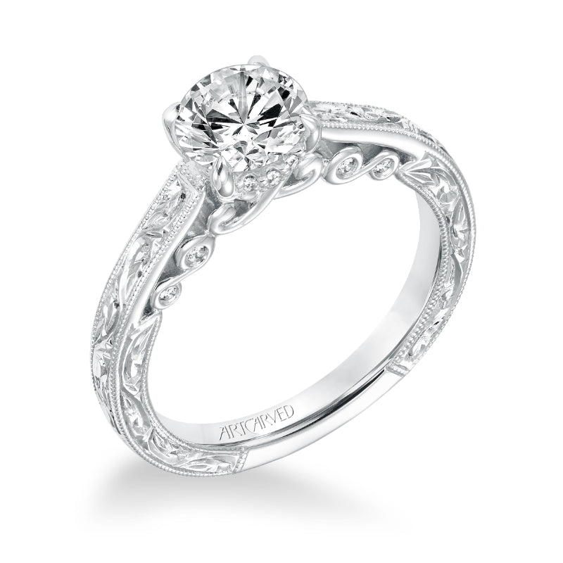 Artcarved Bridal Semi-Mounted with Side Stones Vintage Filigree Diamond Engagement Ring Amal 14K White Gold