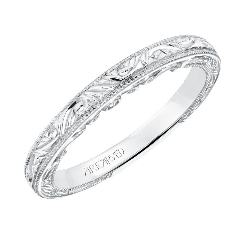 Artcarved Bridal Mounted with Side Stones Vintage Filigree Diamond Wedding Band Amal 14K White Gold