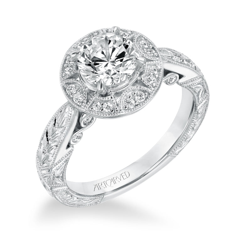 Artcarved Bridal Mounted with CZ Center Vintage Filigree Halo Engagement Ring Eleanor 14K White Gold