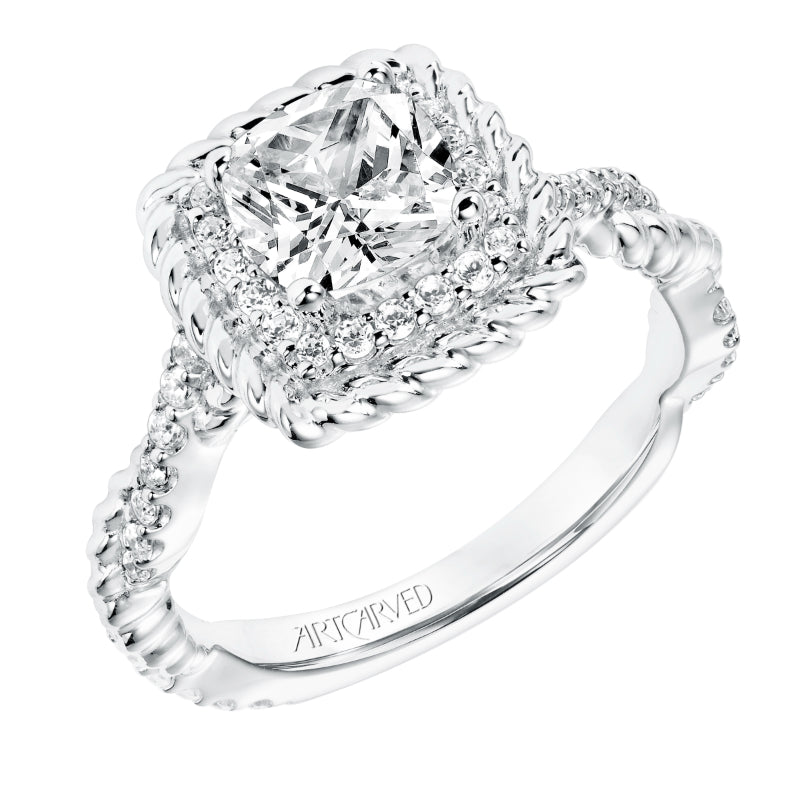 Artcarved Bridal Semi-Mounted with Side Stones Contemporary Rope Halo Engagement Ring Ashby 14K White Gold