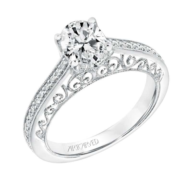 Artcarved Bridal Semi-Mounted with Side Stones Vintage Filigree Diamond Engagement Ring Ramona 14K White Gold