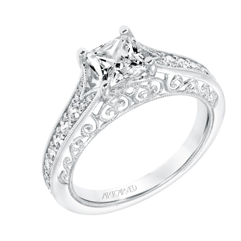 Artcarved Bridal Mounted with CZ Center Vintage Filigree Diamond Engagement Ring Savannah 14K White Gold