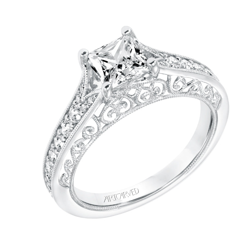 Artcarved Bridal Semi-Mounted with Side Stones Vintage Filigree Diamond Engagement Ring Savannah 14K White Gold