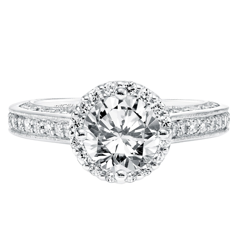 Artcarved Bridal Semi-Mounted with Side Stones Vintage Filigree Halo Engagement Ring Eris 14K White Gold