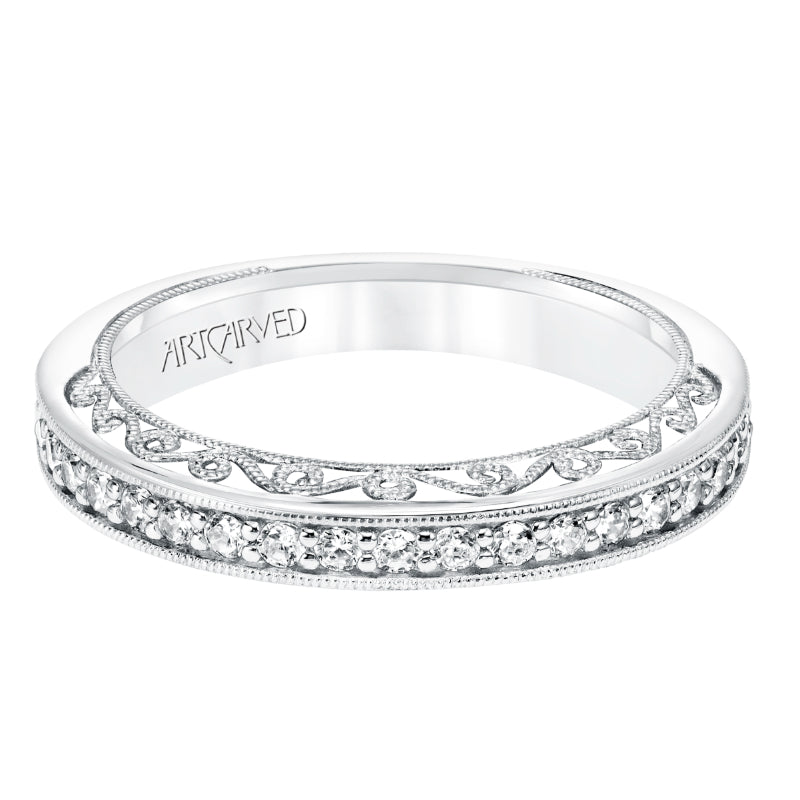 Artcarved Bridal Mounted with Side Stones Vintage Filigree Halo Diamond Wedding Band Eris 14K White Gold