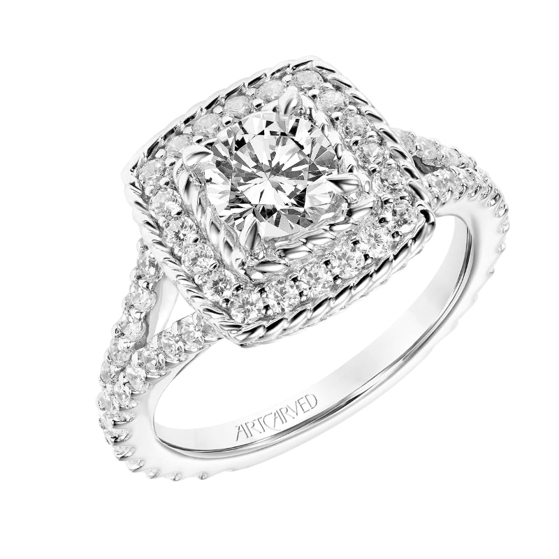 Artcarved Bridal Semi-Mounted with Side Stones Contemporary Rope Halo Engagement Ring Alexa 14K White Gold