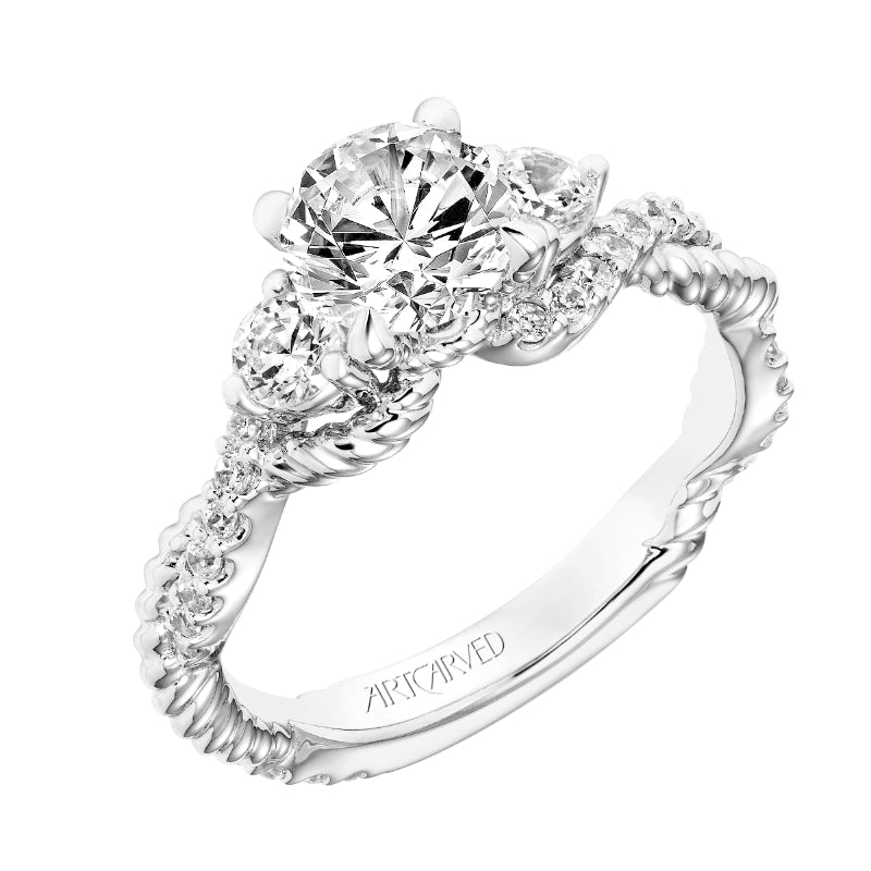 Artcarved Bridal Semi-Mounted with Side Stones Contemporary Twist 3-Stone Engagement Ring Danica 14K White Gold