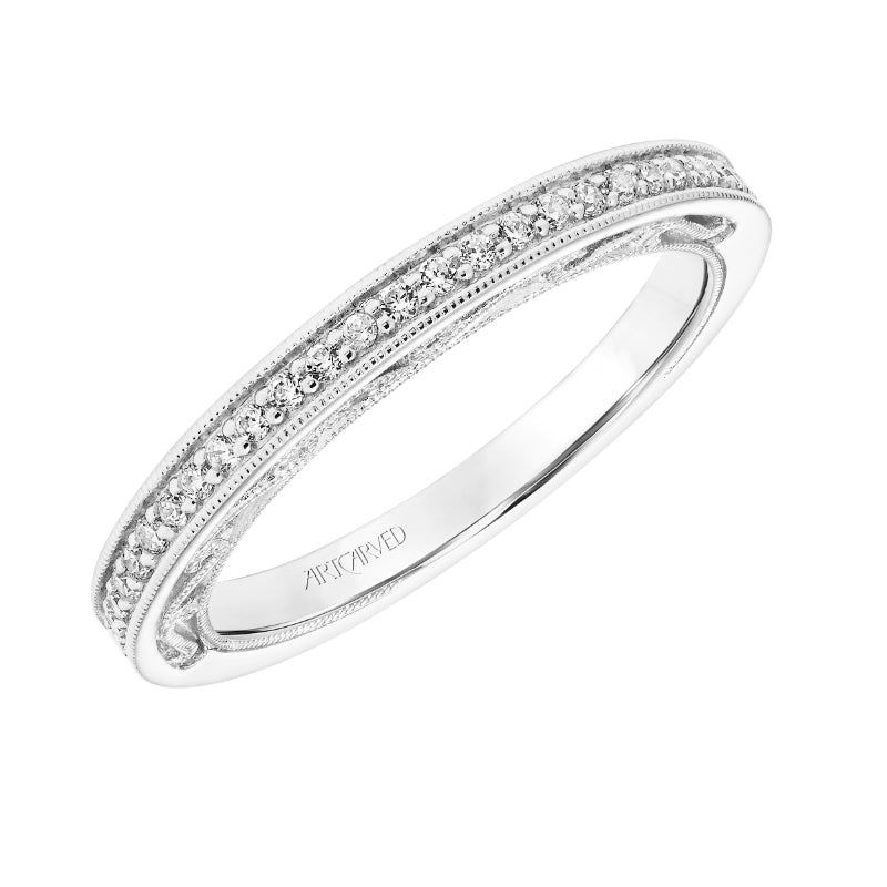 Artcarved Bridal Mounted with Side Stones Vintage Filigree Diamond Wedding Band Marie 14K White Gold