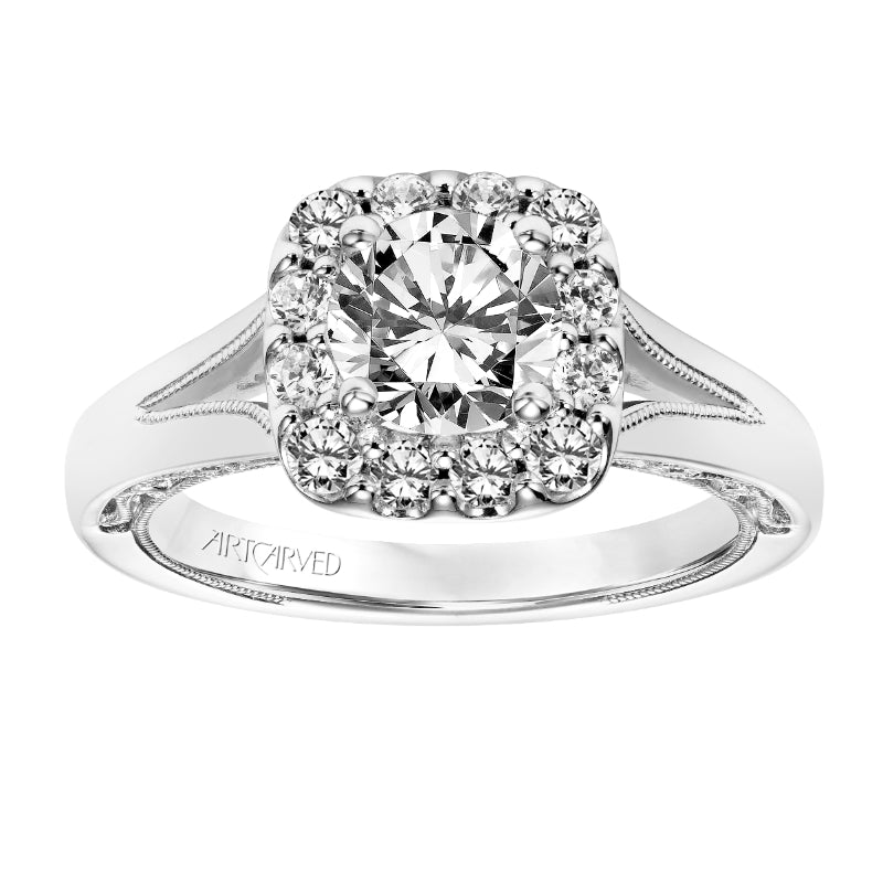 Artcarved Bridal Semi-Mounted with Side Stones Vintage Filigree Halo Engagement Ring Katherine 14K White Gold