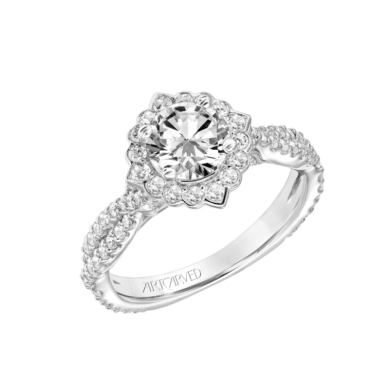 Artcarved Bridal Mounted with CZ Center Contemporary Floral Halo Engagement Ring Zinnia 18K White Gold