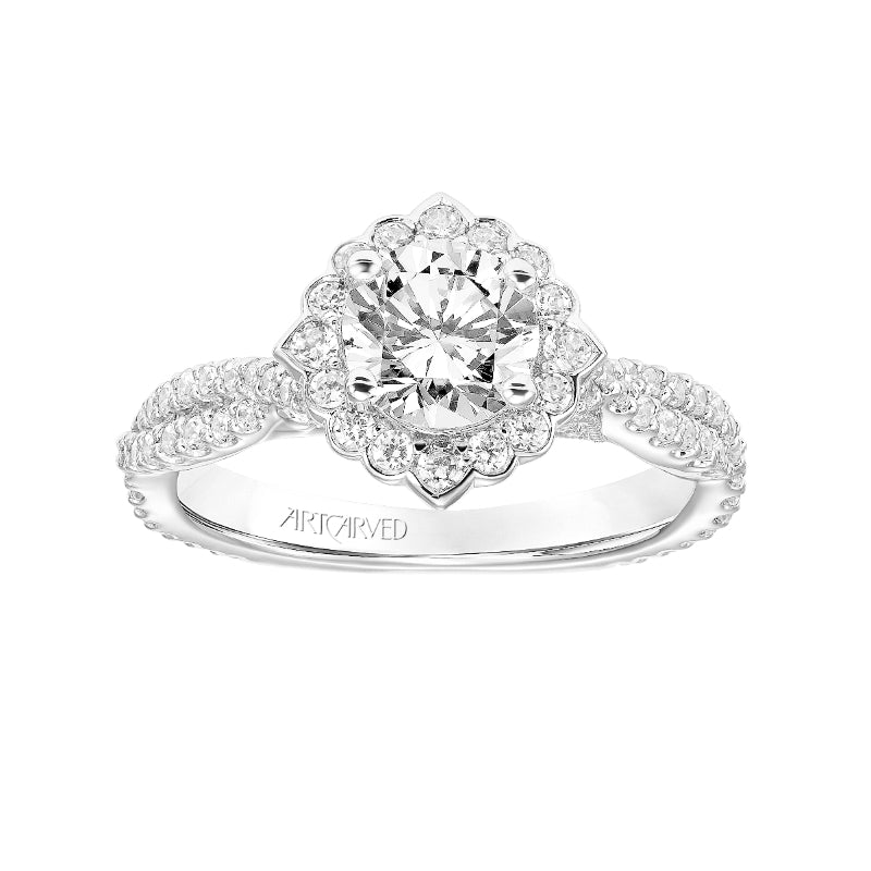 Artcarved Bridal Semi-Mounted with Side Stones Contemporary Floral Halo Engagement Ring Zinnia 14K White Gold