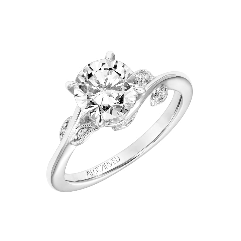 Artcarved Bridal Semi-Mounted with Side Stones Contemporary Floral Solitaire Engagement Ring Lilac 14K White Gold