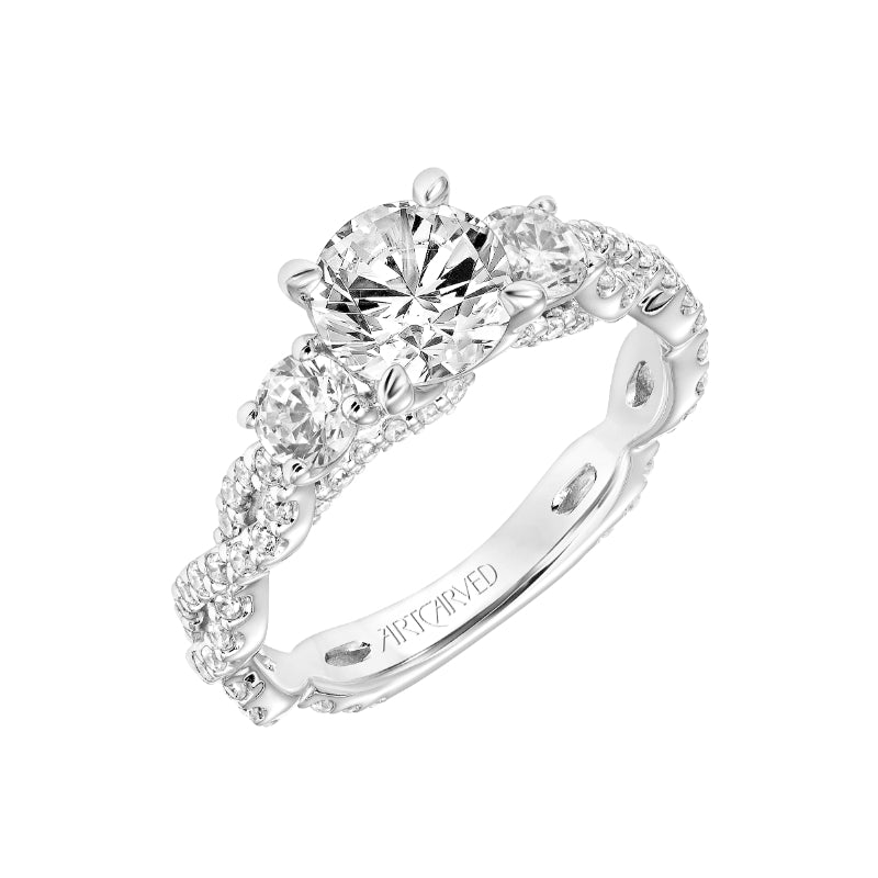 Artcarved Bridal Mounted with CZ Center Contemporary Floral 3-Stone Engagement Ring Hyacinth 14K White Gold