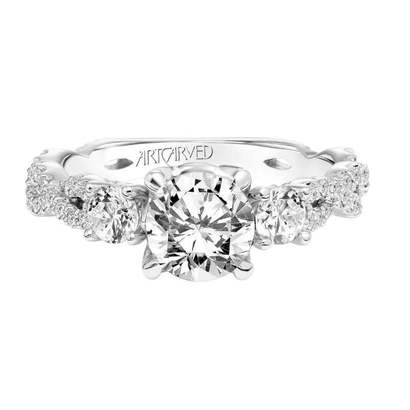 Artcarved Bridal Mounted with CZ Center Contemporary Floral 3-Stone Engagement Ring Hyacinth 14K White Gold