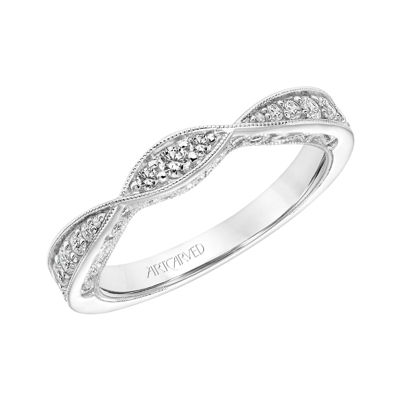 Artcarved Bridal Mounted with Side Stones Vintage Filigree Diamond Wedding Band Cornelia 14K White Gold