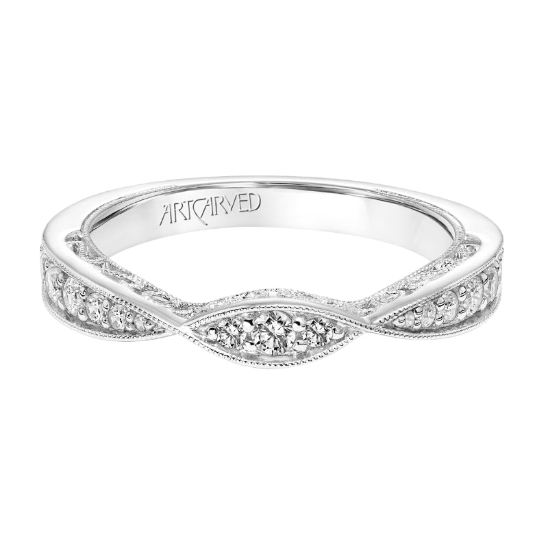 Artcarved Bridal Mounted with Side Stones Vintage Filigree Diamond Wedding Band Cornelia 14K White Gold