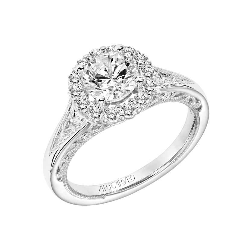 Artcarved Bridal Mounted with CZ Center Vintage Filigree Halo Engagement Ring Ada 14K White Gold