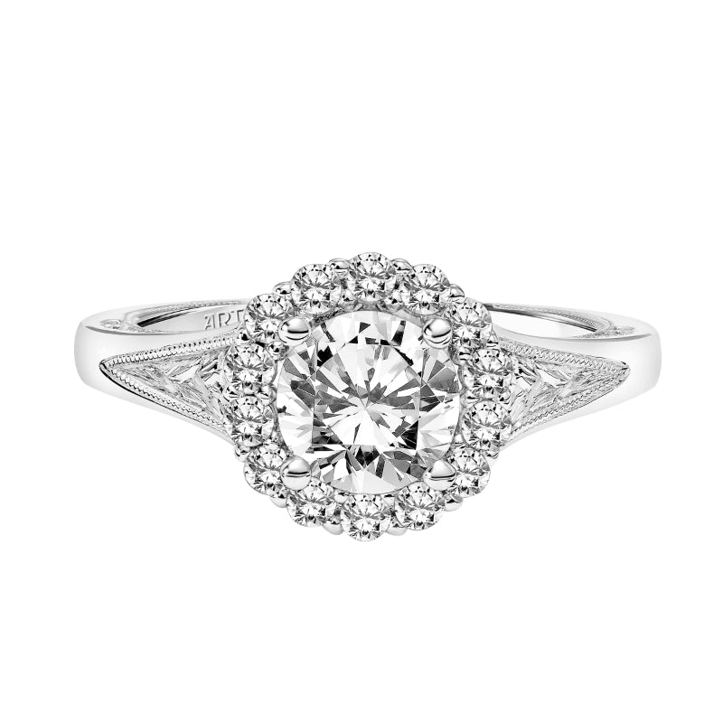 Artcarved Bridal Mounted with CZ Center Vintage Filigree Halo Engagement Ring Ada 18K White Gold